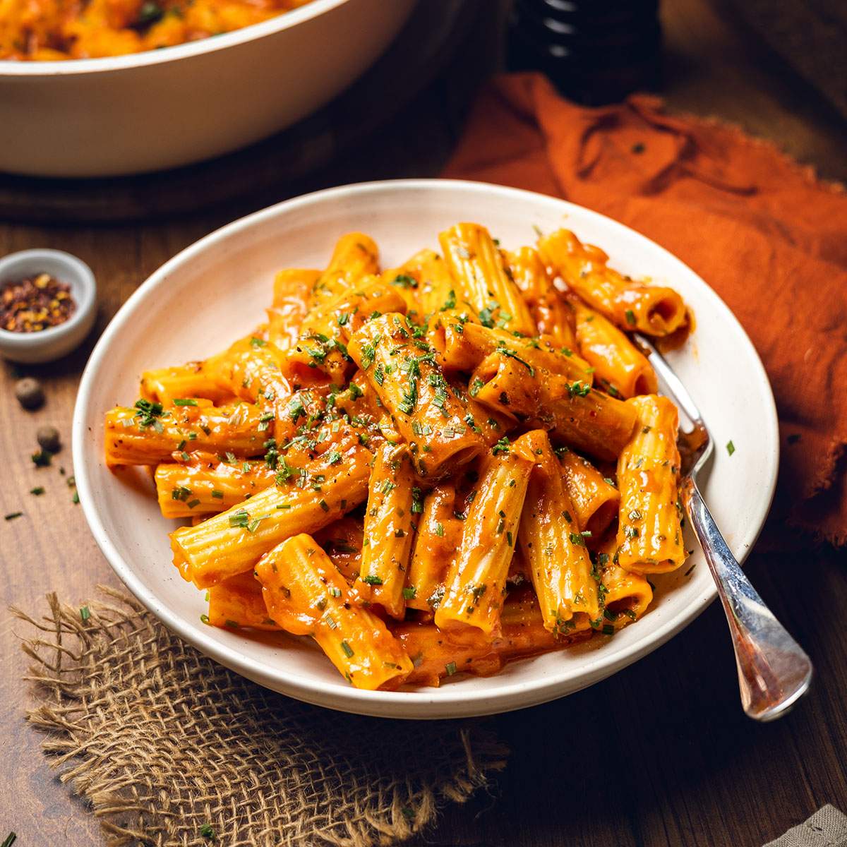 A plate filled with creamy spicy rigatoni with fresh herbs on top.