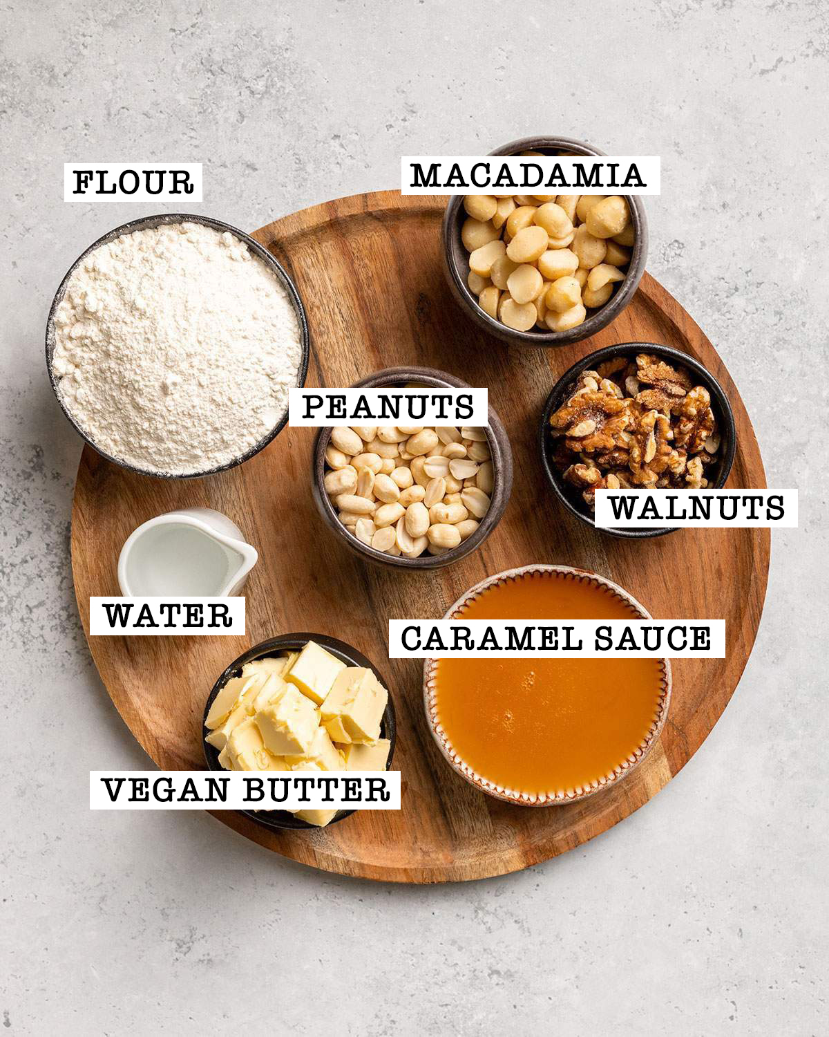 Ingredients for vegan caramel tart with labels.