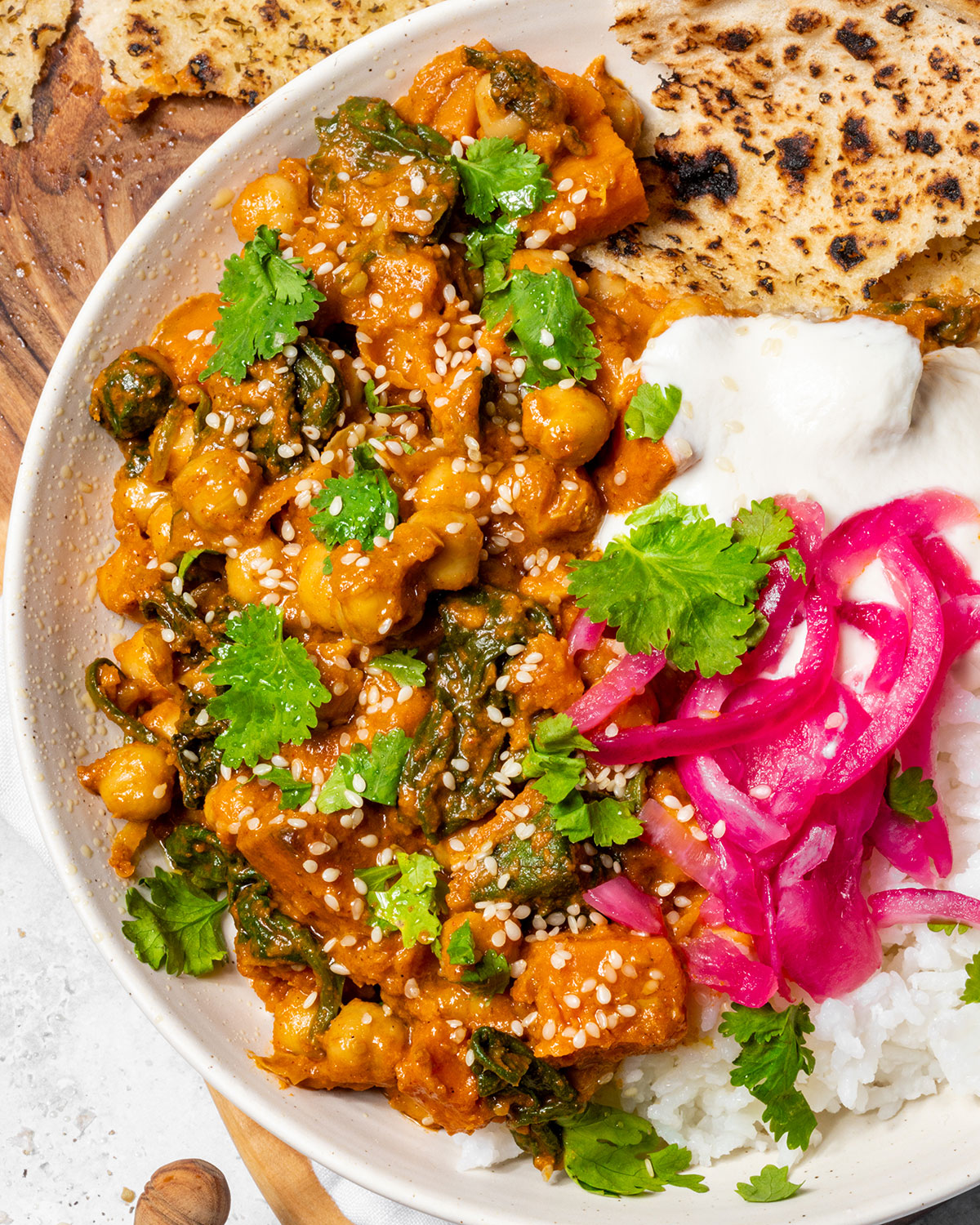 Sweet potato curry up close in a serving bowl.