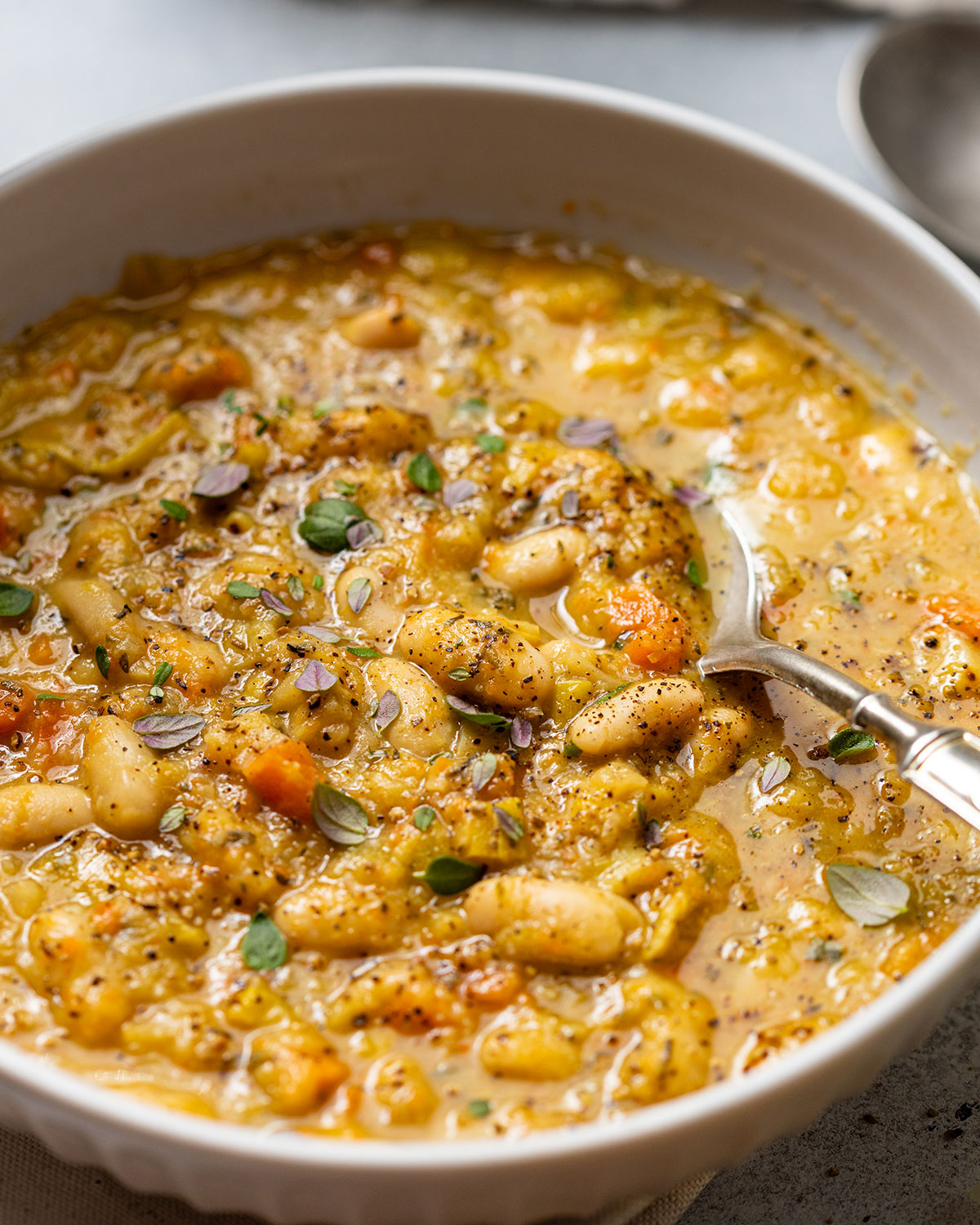 A hearty bowl of bean soup up close with a spoon.