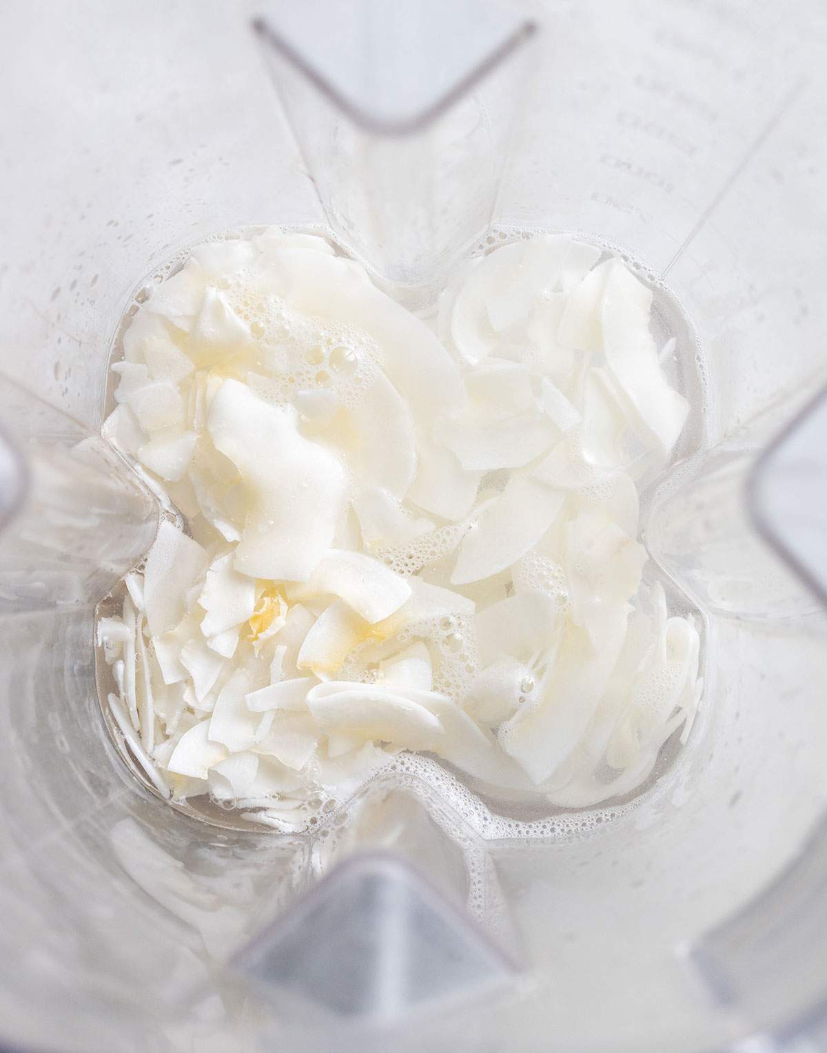 Soaking coconut chips and water in a blender.