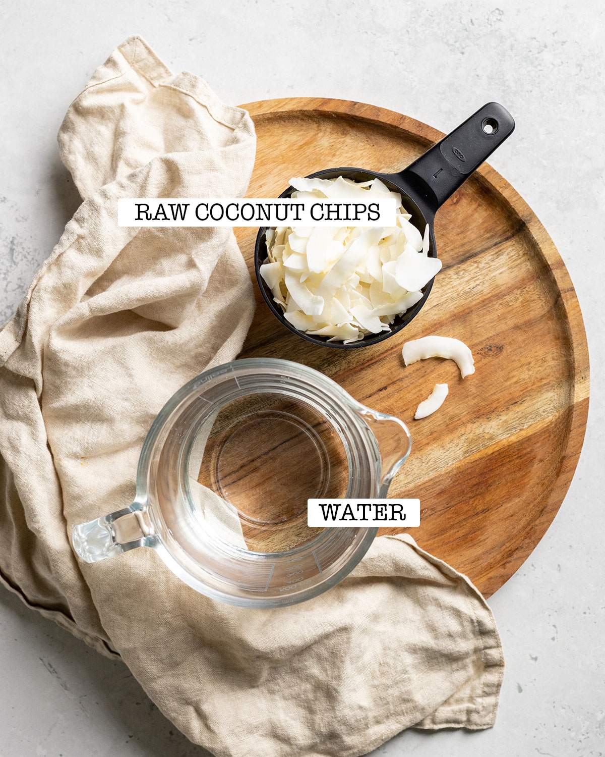 Ingredients for coconut milk with labels.