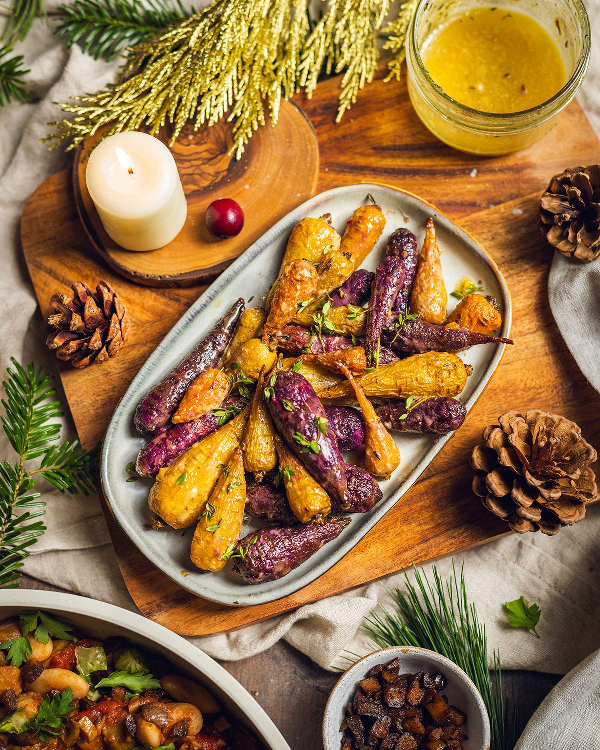 Roasted rainbow carrots on a serving tray.