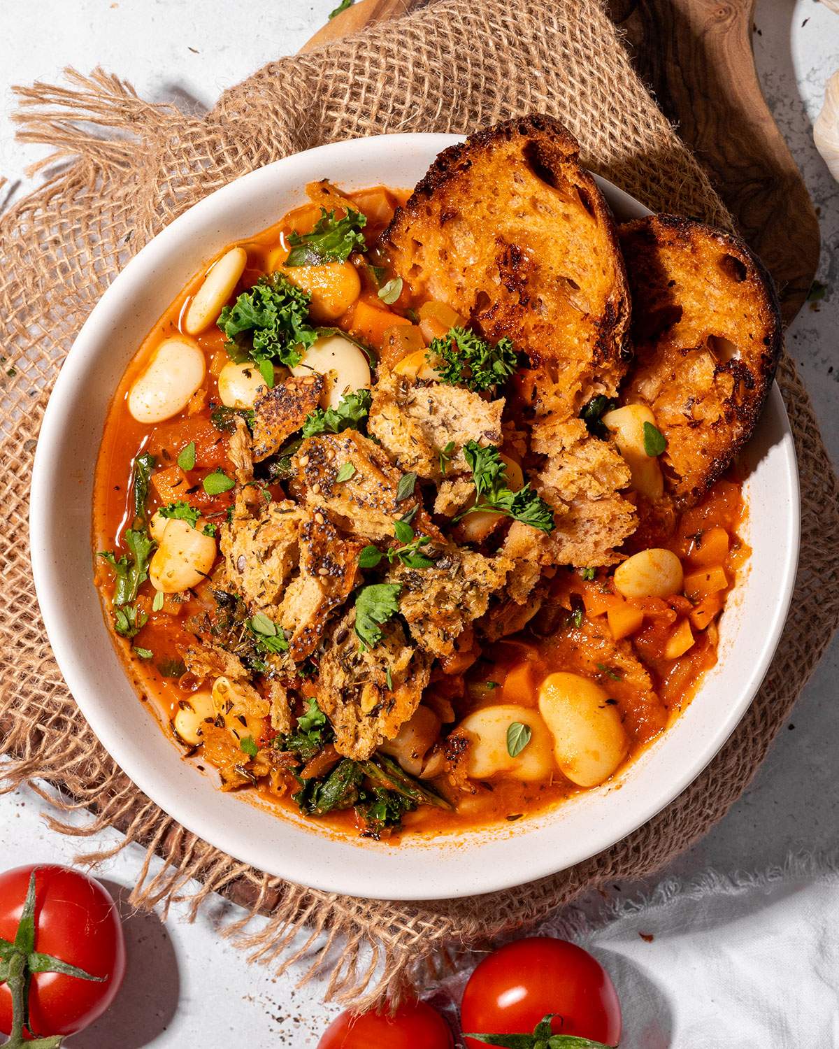 A hearty dinner bowl with a warming bean stew.