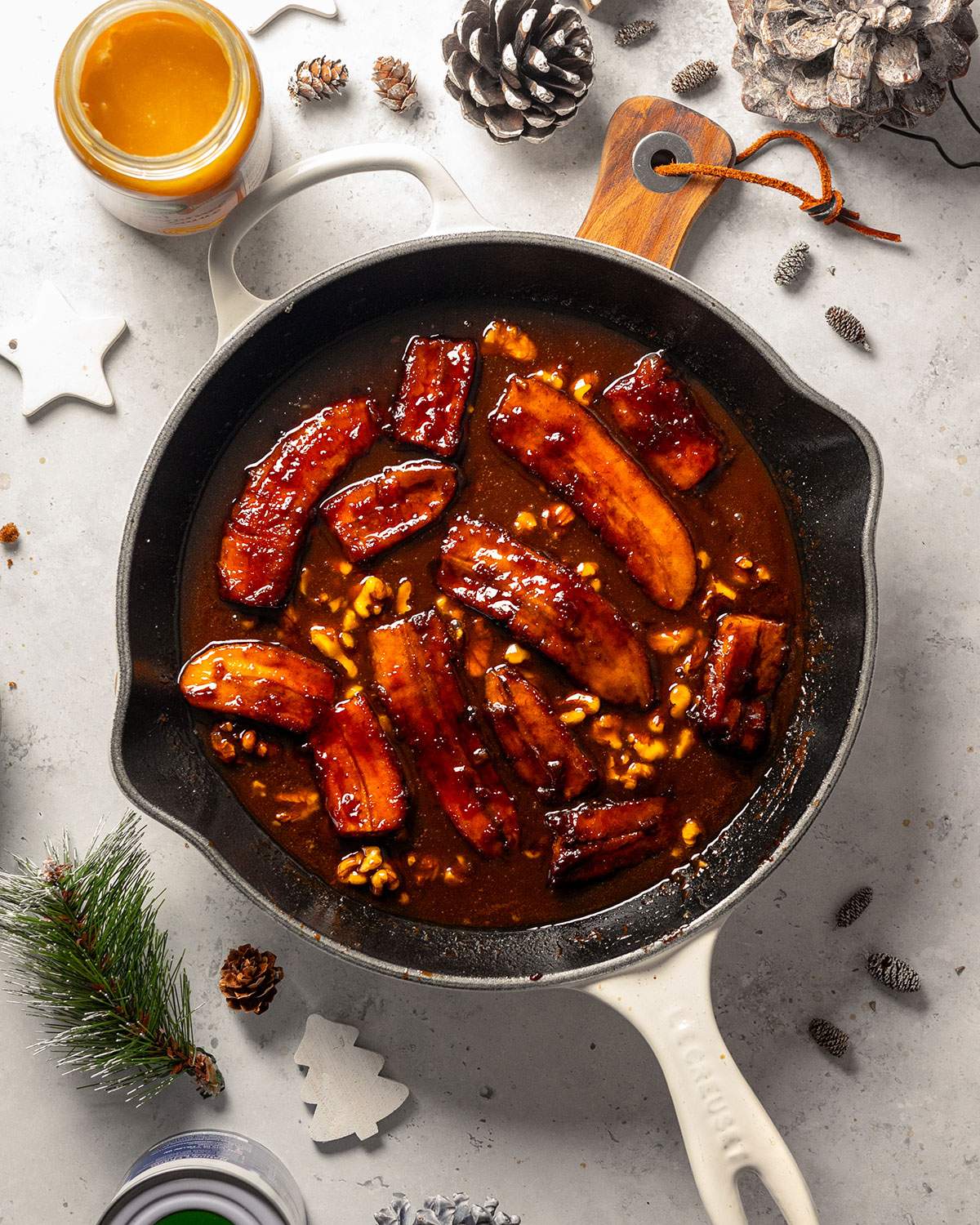 Bananas foster in a skillet after cooking and before adding garnish.