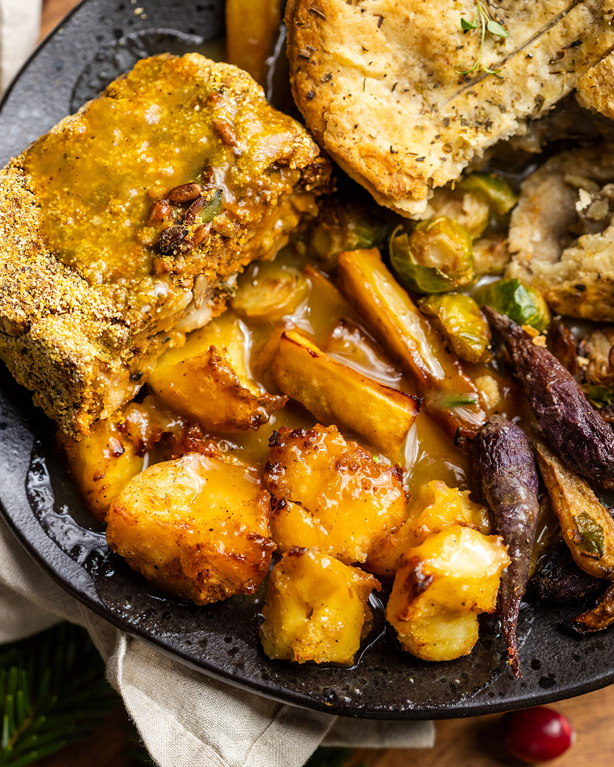 Vegan Roast dinner plate with vegan onion gravy.