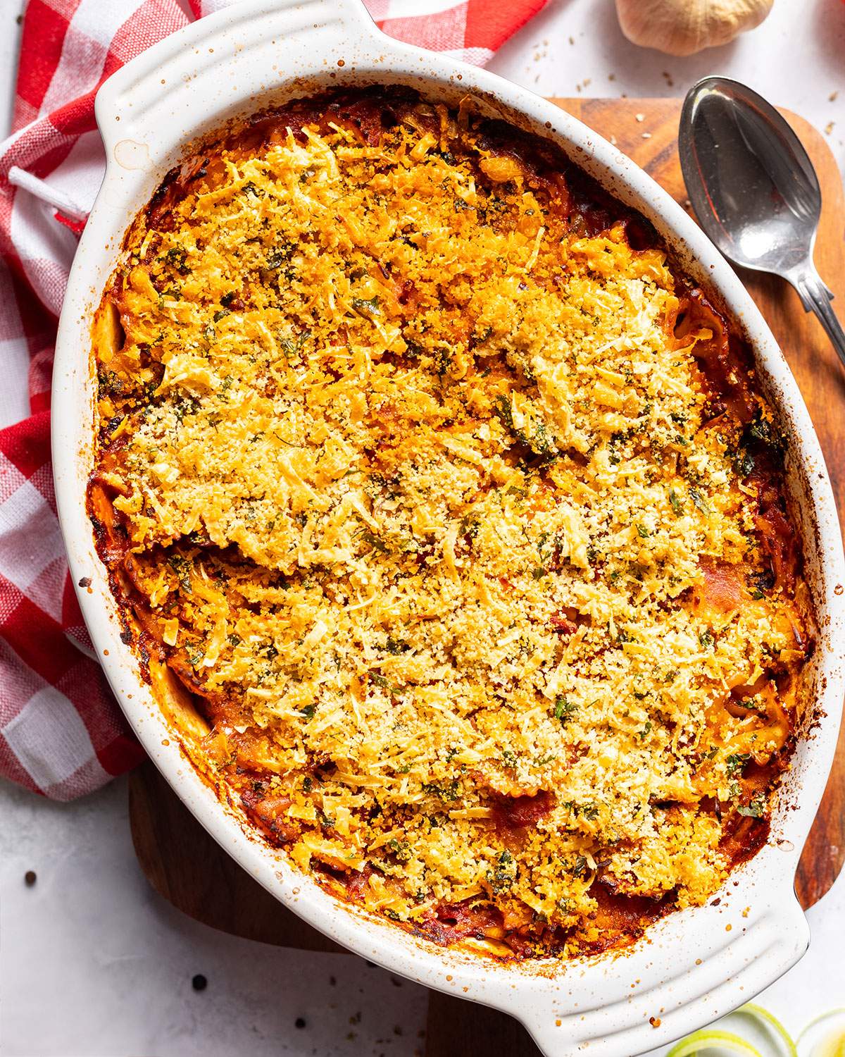Baked Vegan pasta bake in an oven dish.