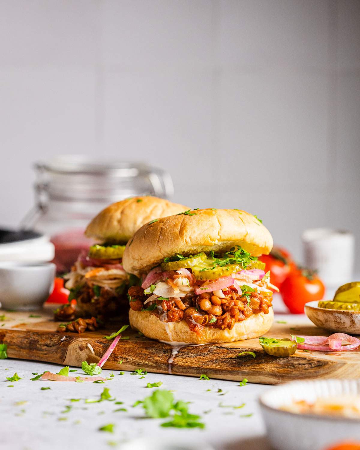Vegan sloppy joes on a serving board.