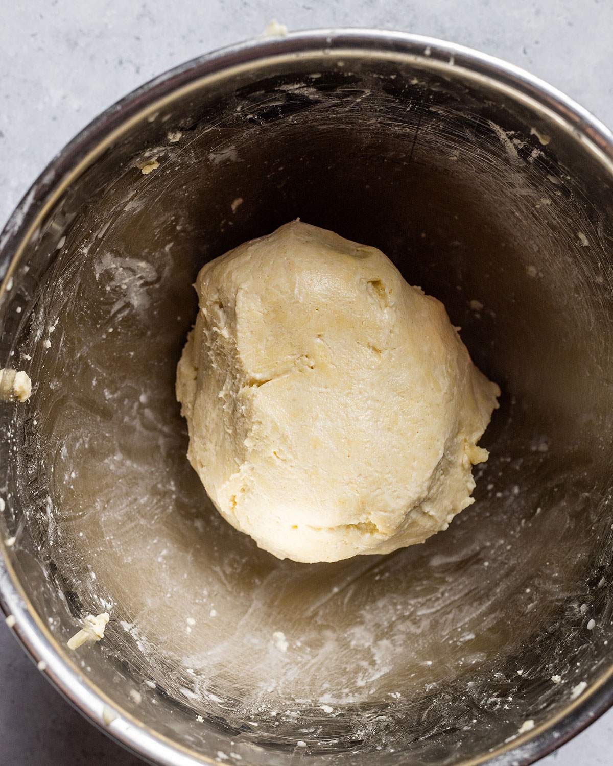 Vegan pastry dough in a mixing bowl.