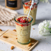Two jars of flaxseed pudding on the breakfast table
