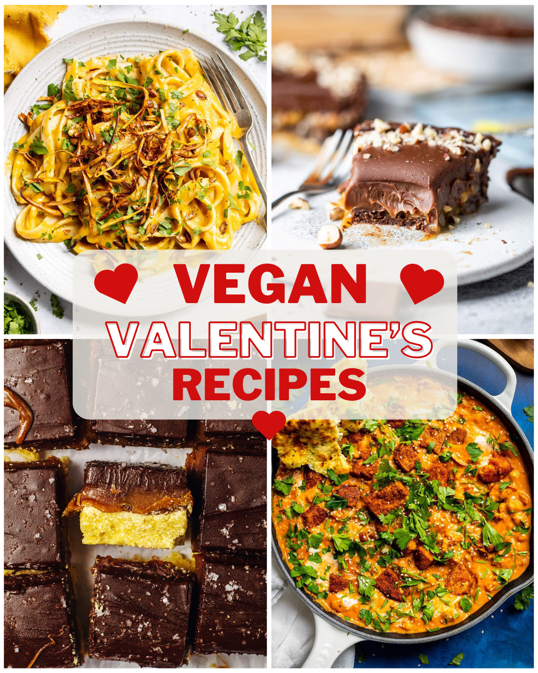 Collage showcasing vegan recipes for Valentine's Day.