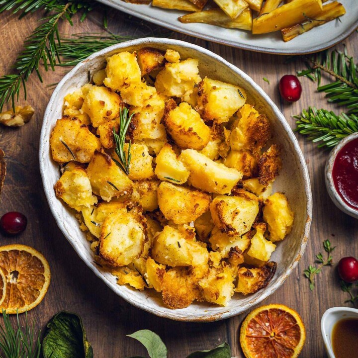 Vegan Roast potatoes in a serving dish on the dinner table.