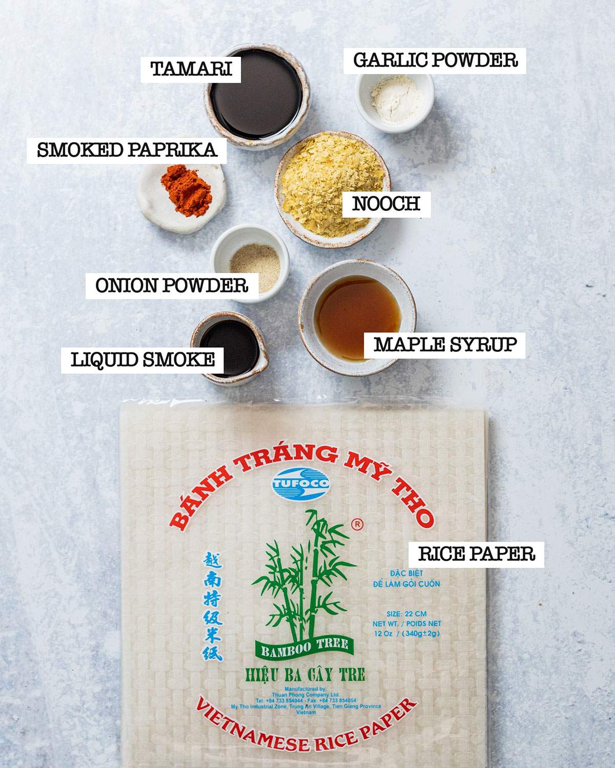 All ingredients for vegan rice paper bacon on a white table with labels.
