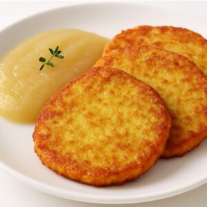 Three vegan potato fritters on a white plate with apple puree on the side.