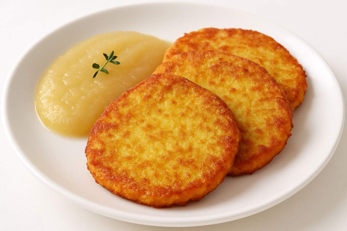 Three vegan potato fritters on a white plate with apple puree on the side.