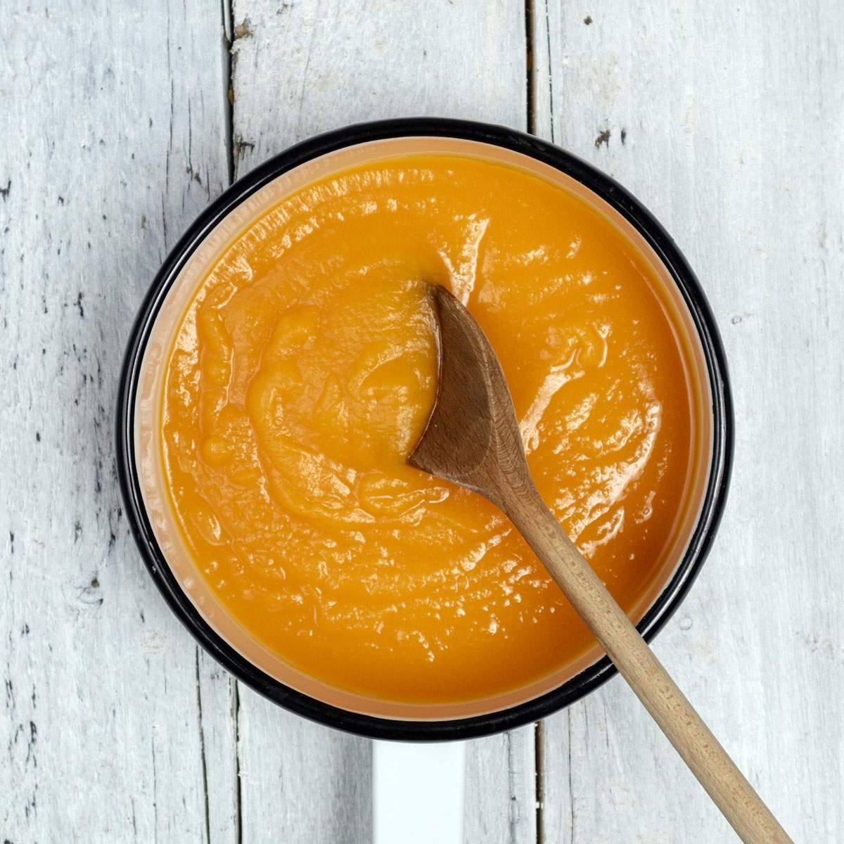 Smooth pumpkin puree in a saucepan.