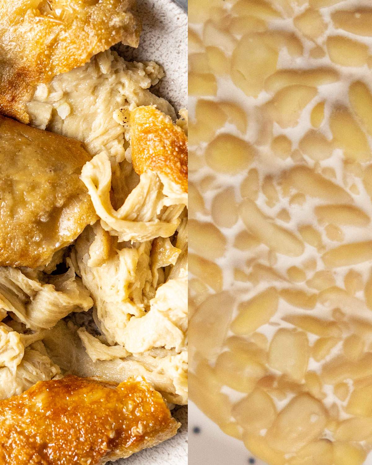 Seitan and tempeh next to each other in comparison.