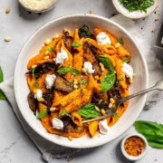A bowl of vegan nduja pasta.