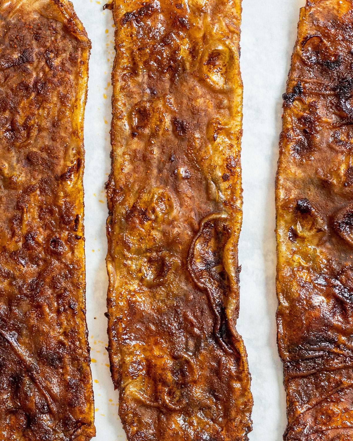 Best Vegan Bacon strips crispy up close.