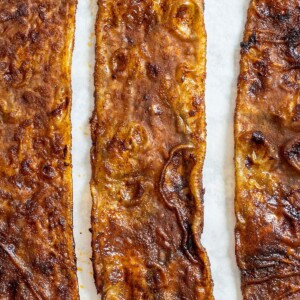 Best Vegan Bacon strips crispy up close.