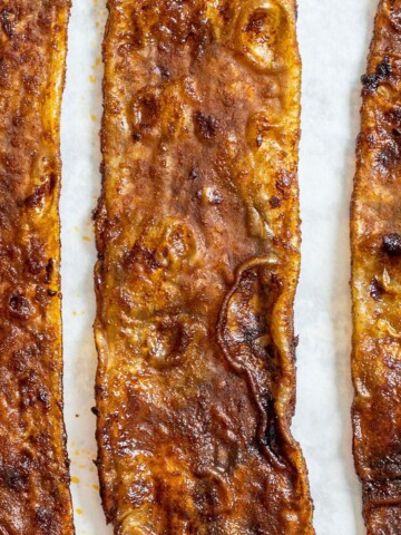 Best Vegan Bacon strips crispy up close.