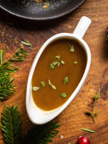 Vegan Shallot gravy in a gravy boat.