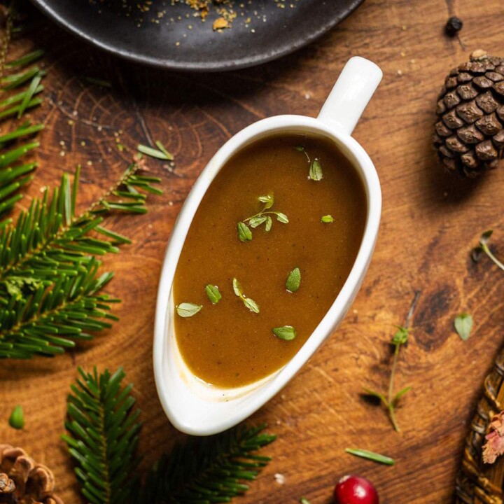Vegan Shallot gravy in a gravy boat.