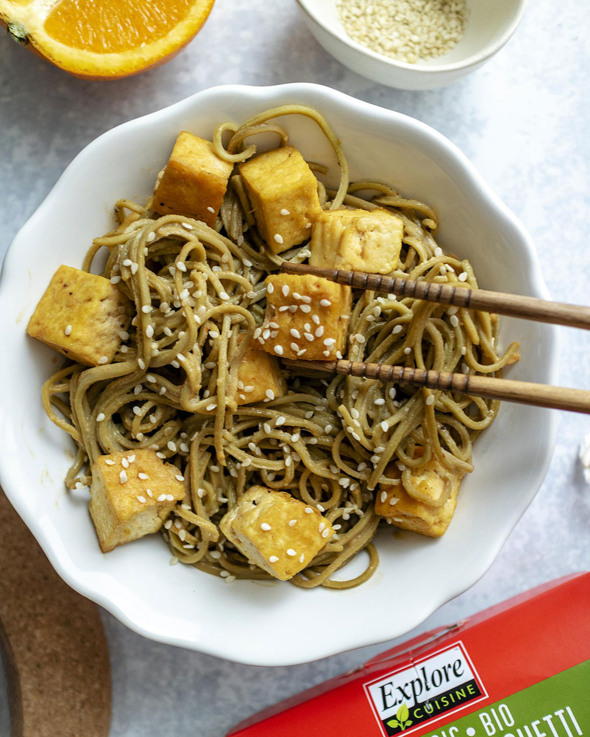 Noodles in a sesame sauce with tofu.