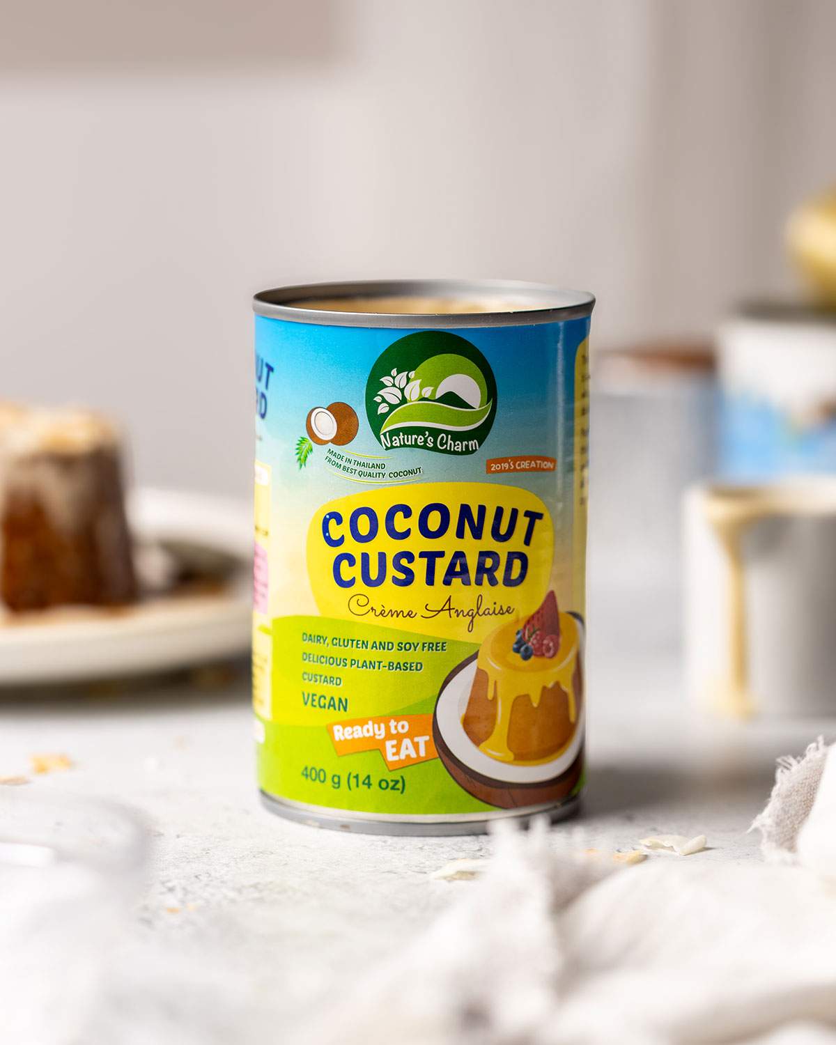 Can of coconut custard shown from the front.