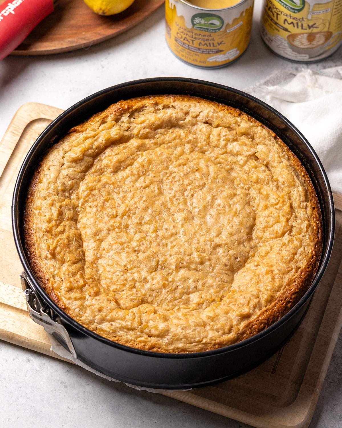 Freshly baked vegan rice pudding cake in a springform.