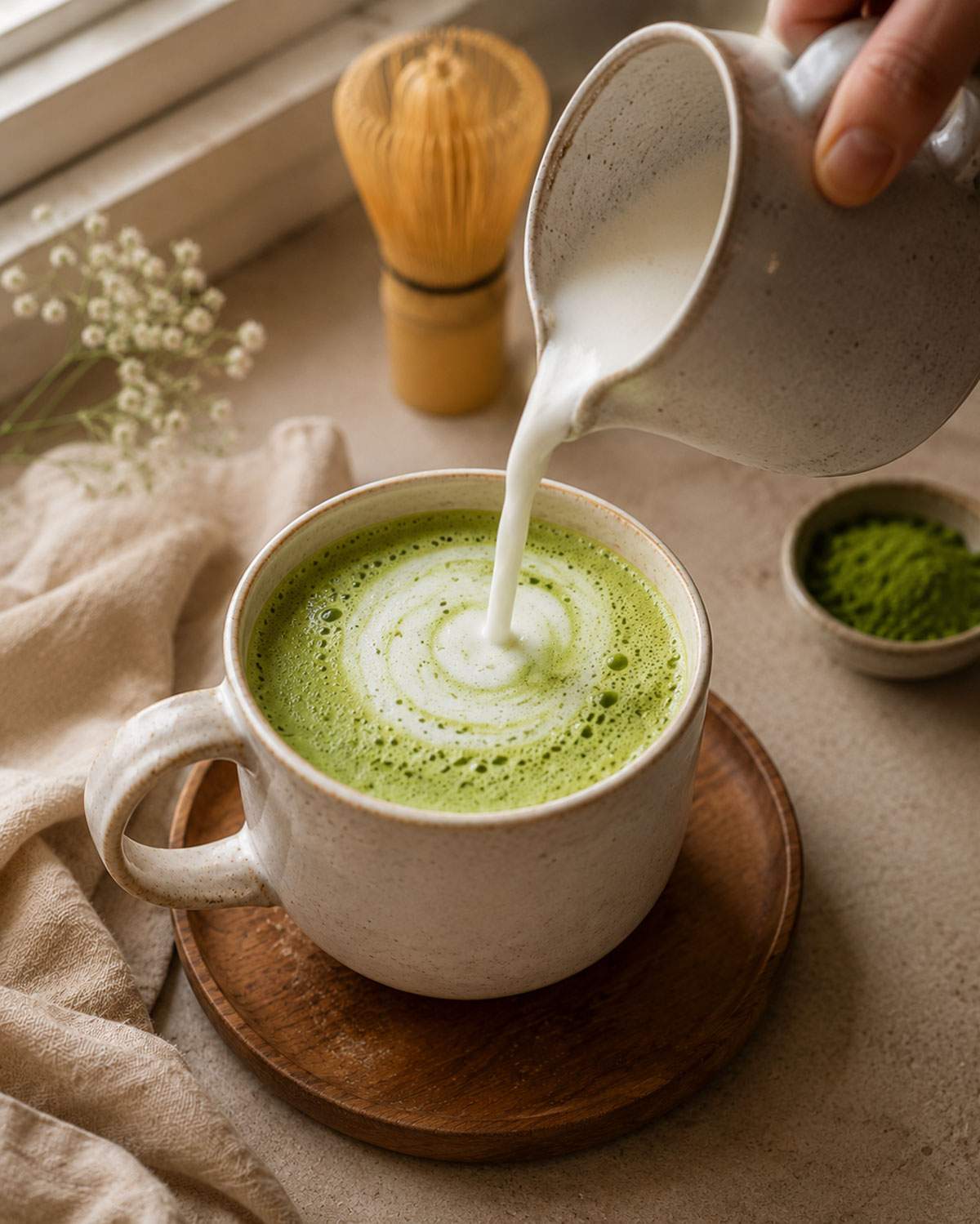 Creamy matcha latte in a ceramic mug as warm plant milk is poured into the green tea.