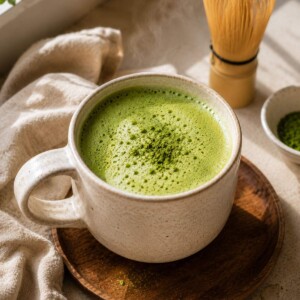 Close-up of a frothy matcha latte in a rustic ceramic mug, styled with a bamboo whisk and matcha powder.