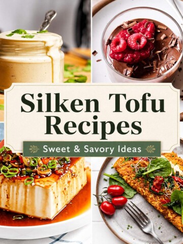 Collage of silken tofu recipes showing creamy dips, chocolate mousse, savory tofu and a vegan omelette.