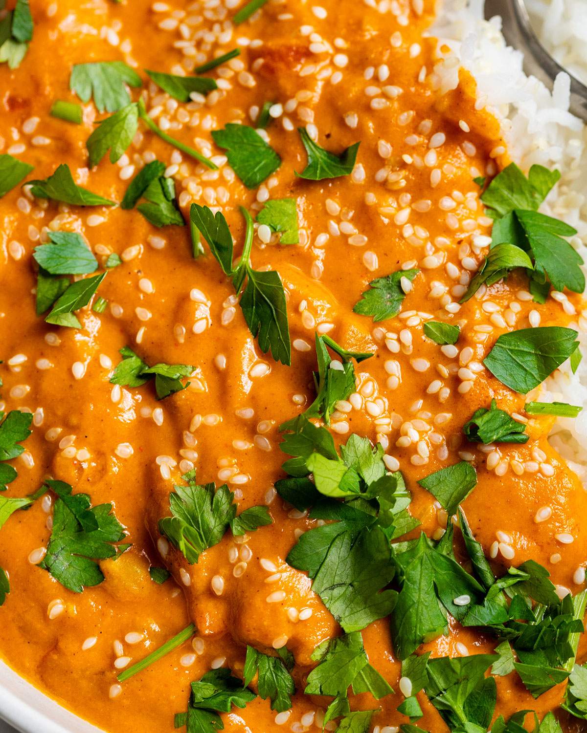 Creamy vegan butter chickpea curry served over fluffy white rice with sesame seeds and fresh parsley.