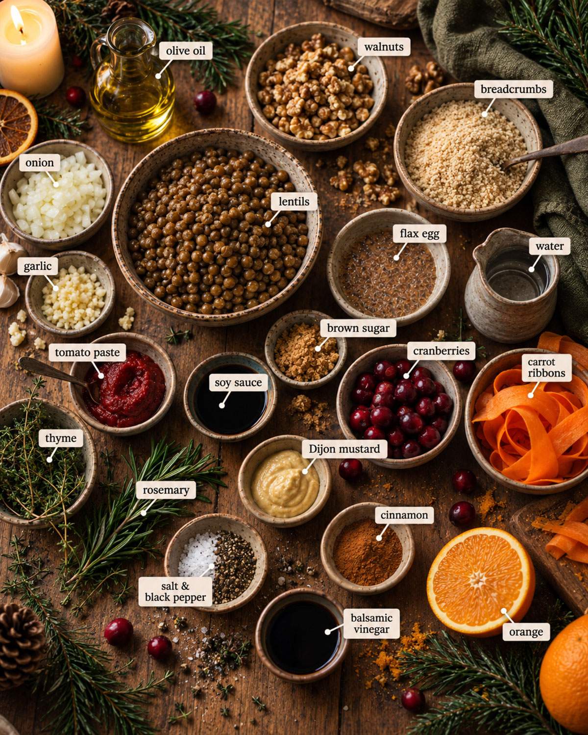 Overhead flatlay of ingredients for a vegan lentil and walnut loaf, including lentils, walnuts, breadcrumbs, cranberries, herbs, and glaze ingredients, each labeled.