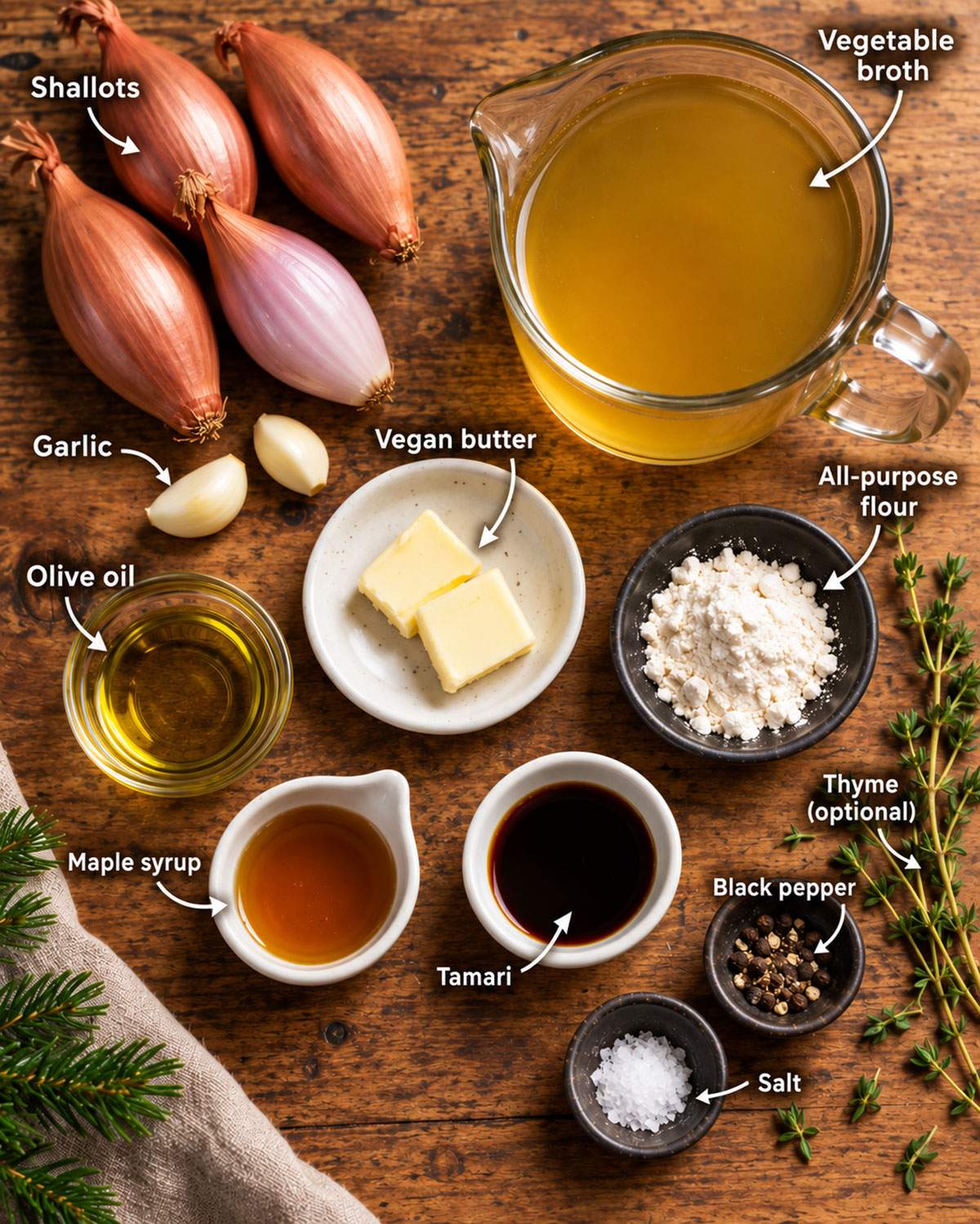 Labeled flatlay of vegan onion gravy ingredients including shallots, vegetable broth, garlic, vegan butter, flour, olive oil, maple syrup, tamari, black pepper, salt, and optional thyme.